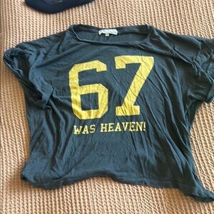 Wildfox Gray Muscle Tee with Yellow Print boxy cuffed sleeve burnout small